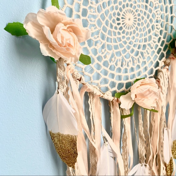Floral Macrame Gold Tipped Feather Dream Catcher - Picture 6 of 8